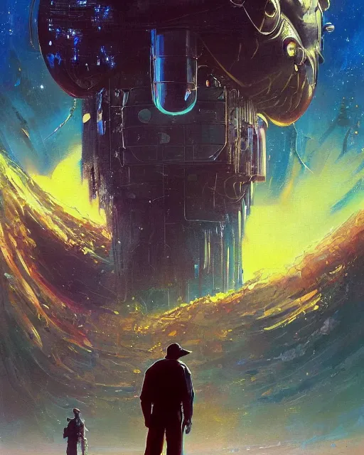 Image similar to a painting of a man standing in front of a giant alien, poster art john berkey and simon stalenhag and gilbert williams, cgsociety, space art, lovecraftian, cosmic horror, poster art