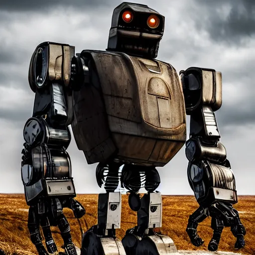 Prompt: A large robot, full body, facing forward, bleak tone, post apocalyptic, Nuttavut Baiphowongse, Mark Armstron, amad, rendered by octane, 8k, ultra 8k, hyper realistic, photorealistic, photo