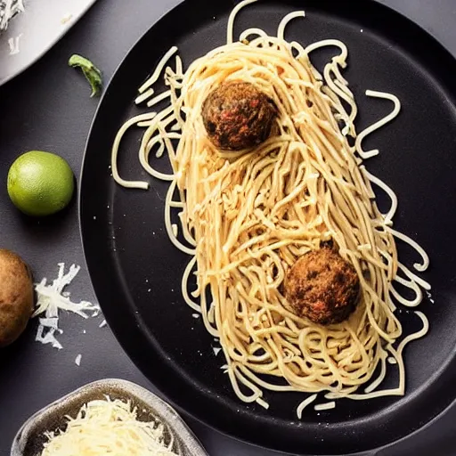 Image similar to On top of spaghetti, All covered with cheese, I lost my poor meatball, When somebody sneezed, It rolled off the table, And onto the floor, And then my poor meatball, Rolled out of the door. music video key vfx shot for new single by lil wayne