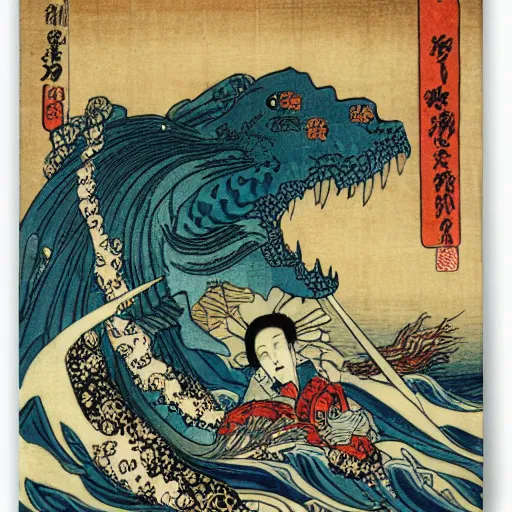 Image similar to A sea full of mythical monsters by Utagawa Kuniyoshi, ukiyo-e