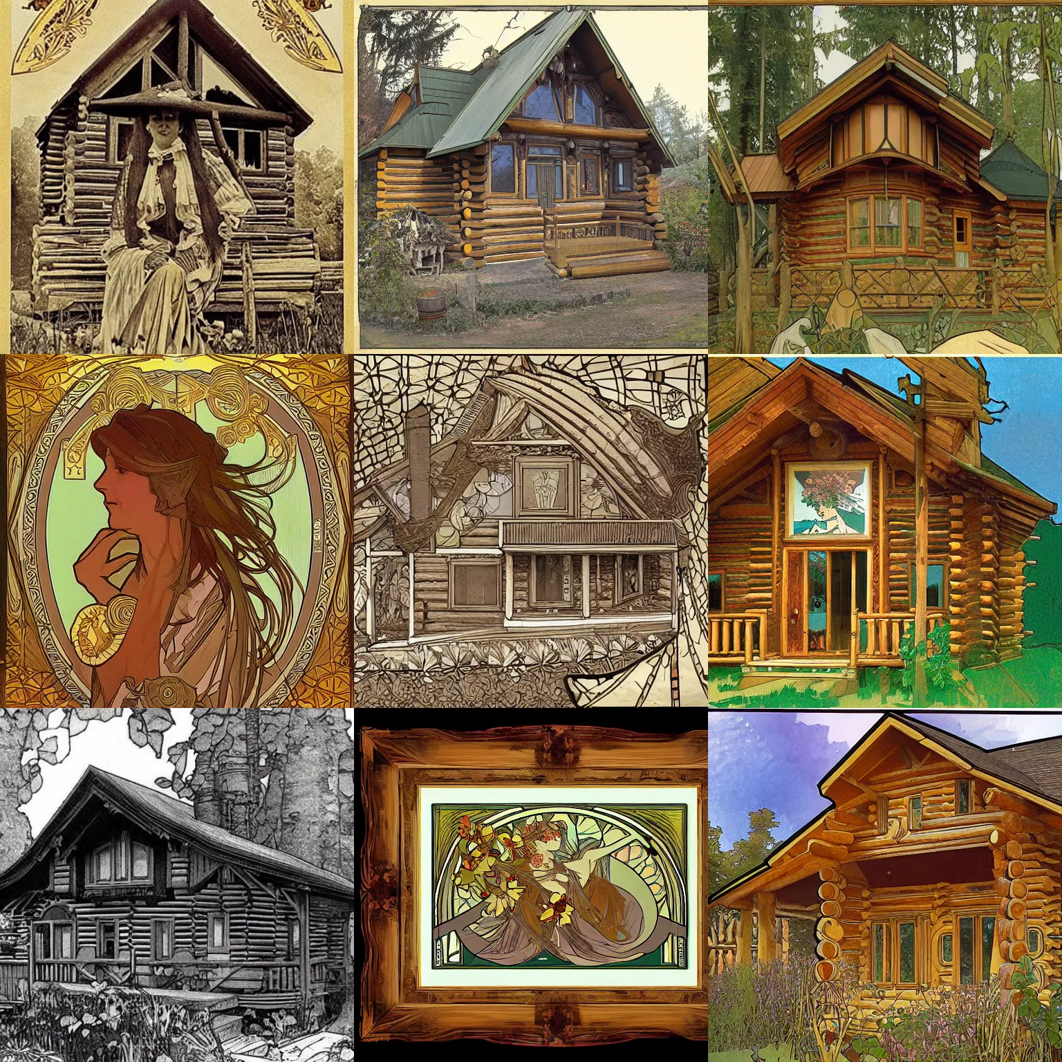 Image similar to a log cabin in the style of alphonse mucha