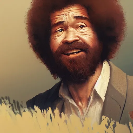 Image similar to Bob Ross throwing away paintings, illustrated by Greg Rutkowski, photorealistic facial features, trending on artstation, 4k, 8k