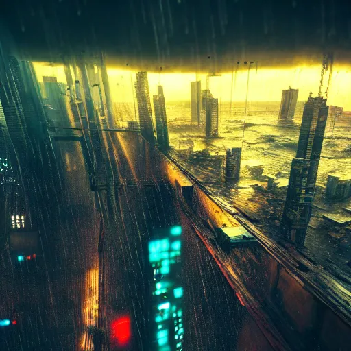 Prompt: 8 k artstation photograph rainy city cracked and crumbling into the ocean with scifi cyberpunk aesthetic hyper realistic aerial view