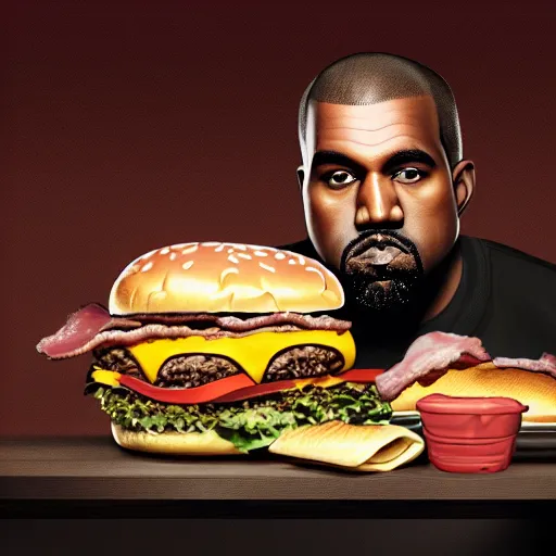 Prompt: portrait photography of Kanye West eating a giant hamburger, extra ketchup and mustard with overflowing bacon lettuce and tomato, cinematic lighting, highly detailed, feminine ethereal, D&D, hearthstone, digital painting, artstation, concept art, smooth, sharp focus, illustration, art by Terry Moore and Greg Rutkowski and Alphonse Mucha