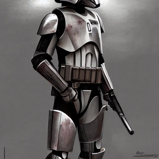 Image similar to full body shot of an imperial stormtrooper in battle position ready to shoot his blaster concept art by Doug Chiang cinematic, realistic painting, high definition, very detailed, extremely high detail, photo realistic, concept art, the Mandalorian concept art style