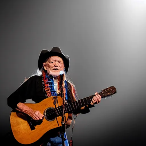 Image similar to willie nelson on stage, detailed, guitar. god rays through fog.