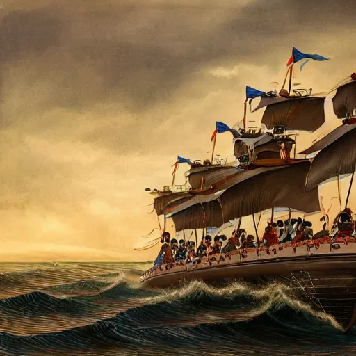 Prompt: A boat with Mongolian soldiers sailing across the sea, painting, stunning, 4k, HD, intricate detail