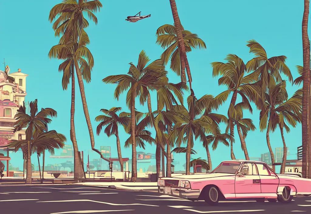 Prompt: saint mary in grand theft auto loading screen, gta art style, illustration, beach, miami, vice city