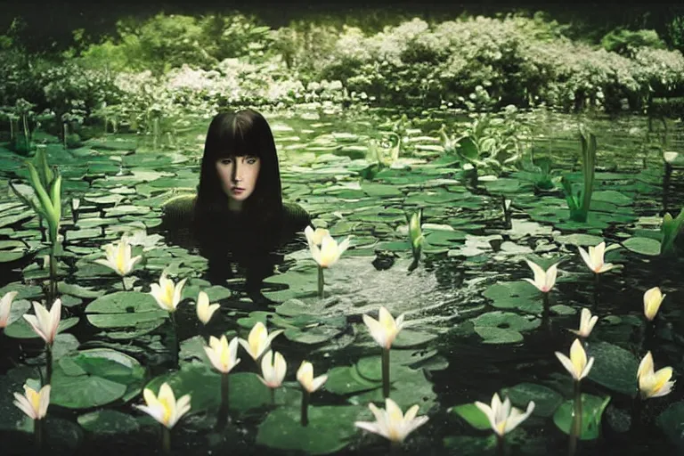 Image similar to hyperrealistic dark colour photograph of a woman's face floating in a pond, surrounded by a forrest of lillies, deep focus, intricate, elegant, highly detailed, matte, sharp focus, photography by bill henson