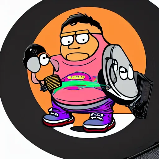 Image similar to svg sticker of a Family-Guy Peter-Griffin at a rave, spinning records, giant headphones rocking out, wearing headphones, huge speakers, dancing, rave, DJ, spinning records, digital art, amazing composition, rule-of-thirds, award-winning, trending on artstation, featured on deviantart