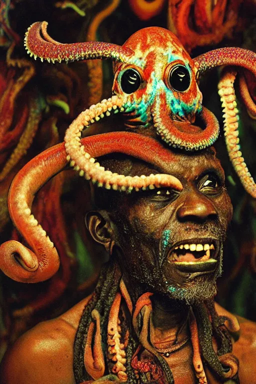 Image similar to A wideangle colorchrome shot of a old screaming voodoo priest with a octopus on his head and the tentacles around his body, low light, style by Steve McCurry, scary, evil looking, wide angle shot