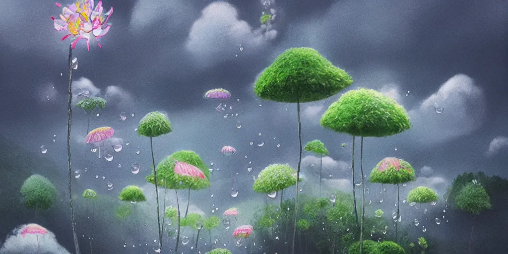 Prompt: 暗 い 雲 と 密 集 した 花 のある 美 しい 雨 の 風 景 、 greg rutkowskiの 絵 。