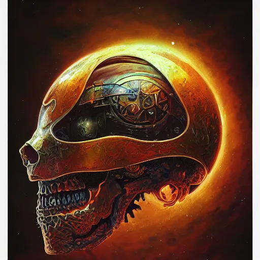 Prompt: portrait of a fantasycore glitchcore skull in a helmet. intricate abstract. intricate artwork. celestial. immaculate, by dan seagrave, beeple, dan mumford. octane render, CGSociety very coherent symmetrical artwork. cinematic, hyper realism, high detail, octane render, 8k, iridescent accents