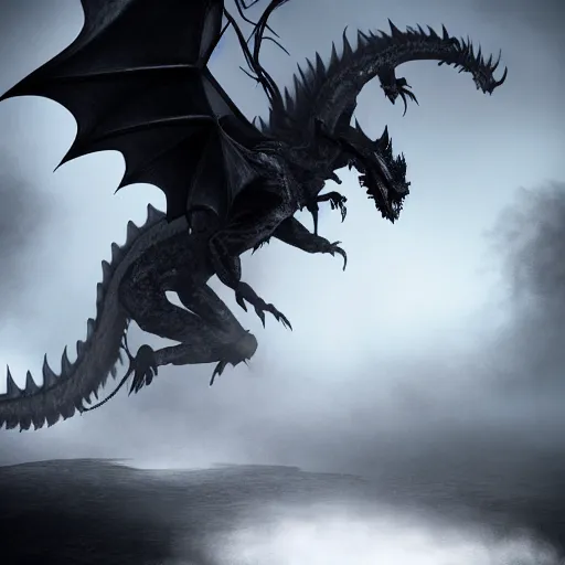 Image similar to a highly detailed horrific shot of a ghostly western dragon that's fading into black fog and deep dark obscure shadow, wings are clouds of darkness, four legs, creating an ominous presence of fear, artstation, deviantart, dark lighting, unreal engine 5 render