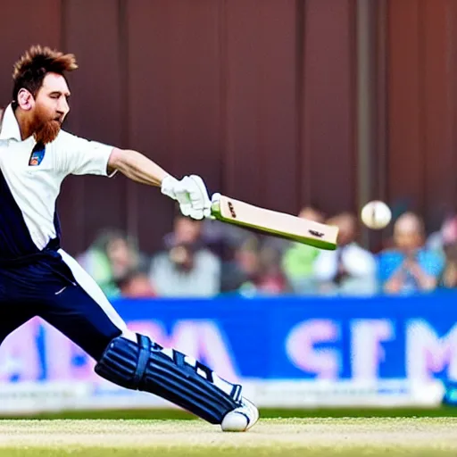 Prompt: photograph of Messi playing cricket