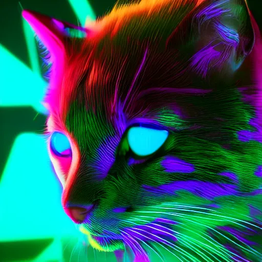 Image similar to neon and fluorescent & iridescent kittens cyperpunk 2 0 7 7, unreal engine 5, 8 k ultra realistic, hyperdetailed, volumetric lighting, extremely high quality