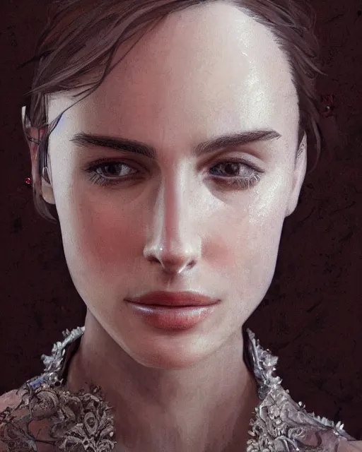 Prompt: 3 d render of nathalie portman wearing a high fashion outfit, octane render, half body portrait, intricate, elegant, by alyssa monks, highly detailed, fine details, masterpiece, trending on artstation