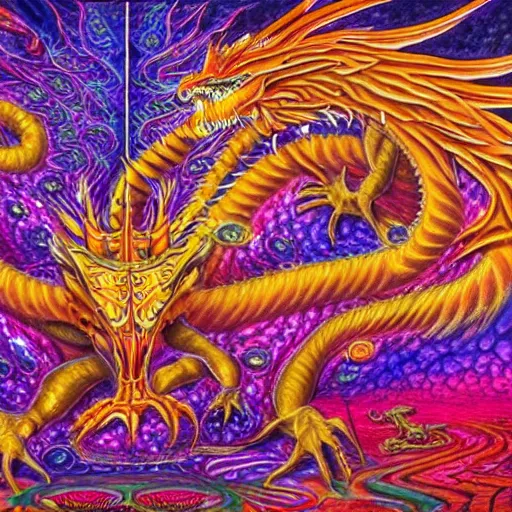 Image similar to a painting of a dragon with a psychedelic look, a detailed painting by alex grey, reddit contest winner, psychedelic art, detailed painting, psychedelic, ( ( made of crystals ) )