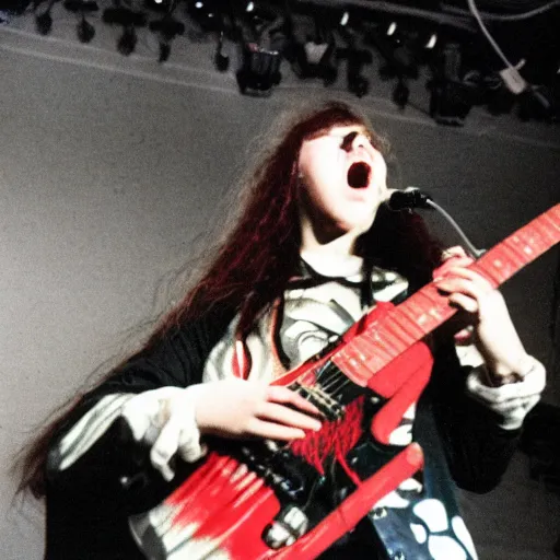 Image similar to 1 9 - year - old girl in a traditional doom metal band, new wave of british heavy metal, live in concert, live 1 9 8 6, united kingdom flags, union jack, playing electric guitar, headbanging crowd of longhairs, audience of longhairs, super 8 mm, grainy photo, colorized