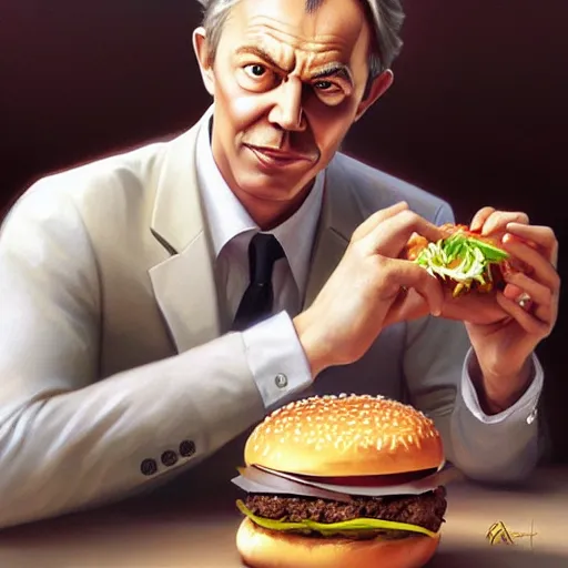 Image similar to portrait of Tony Blair eating hamburgers, extra onions and ketchup, luscious patty with sesame seeds, feminine ethereal, handsome, D&D, fantasy, intricate, elegant, highly detailed, digital painting, artstation, concept art, matte, sharp focus, illustration, art by Artgerm and Greg Rutkowski and Alphonse Mucha