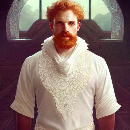 Image similar to beautiful natural middle aged male ginger god wearing a white perizoma, intricate, elegant, highly detailed, digital painting, artstation, concept art, smooth, sharp focus, illustration, art by artgerm and greg rutkowski and alphonse mucha and loish and WLOP