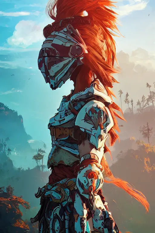 Image similar to combination suit armor aloy horizon forbidden west horizon zero dawn radiating a glowing aura global illumination ray tracing hdr fanart arstation by ian pesty and alena aenami artworks in 4 k tribal robot ninja mask helmet backpack