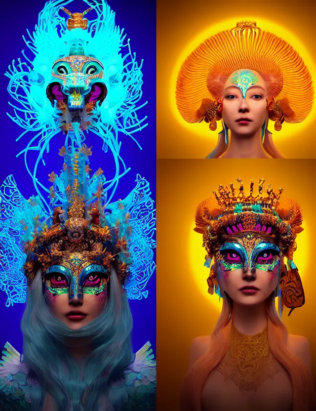 Image similar to 3 d goddess close - up profile portrait with crown, ram skull. beautiful intricately detailed neon japanese crow kitsune mask and clasical japanese kimono. betta fish, jellyfish phoenix, bio luminescent, plasma, ice, water, wind, creature, artwork by tooth wu and wlop and beeple and greg rutkowski