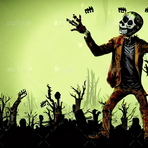 Prompt: zombie musician playing music for the dead, 8k, zombies, skeletons, ghosts, boo, realistic,