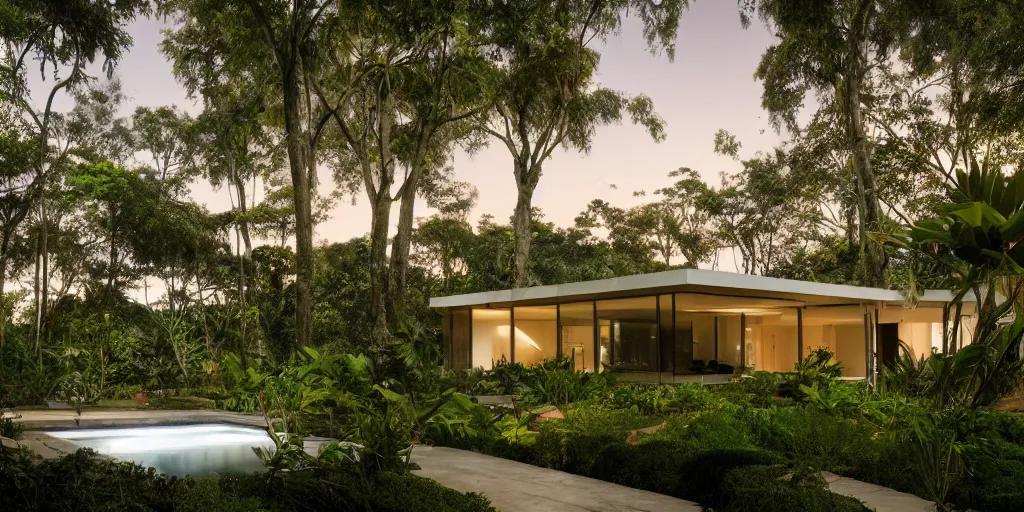 Image similar to Architectural photography of beautiful nature meets architecture concept of a residential house by Luis Barragán, in a tropical forest, volumetric lighting,, luxury, high detail, 14mm, cinematic photography, archdaily, hgh resolution