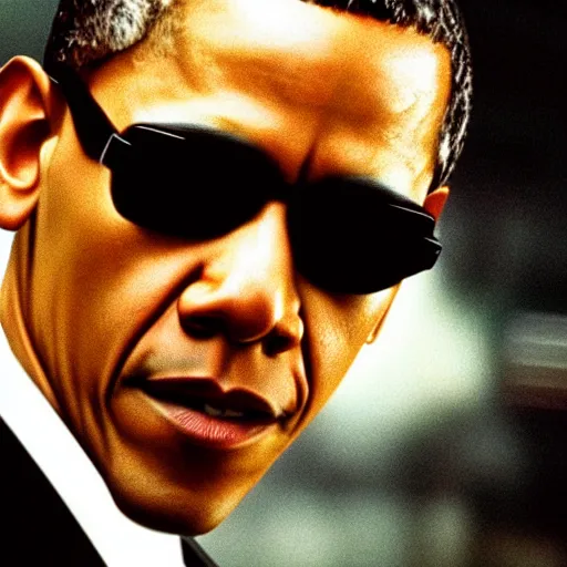 Image similar to a film still of Obama starring in The Matrix (1999), close up, portrait, shallow depth of field