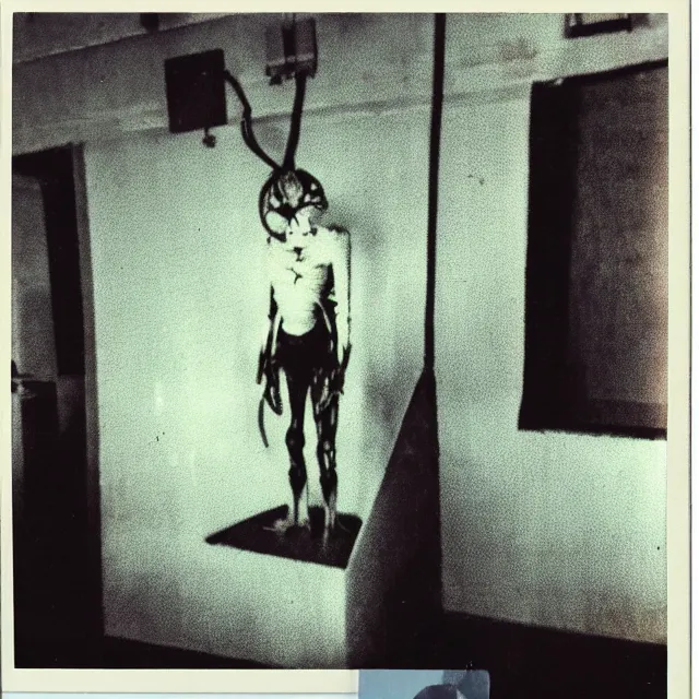 Image similar to found polaroid photo, flash, interior abandoned hospital, wired mutant creature standing