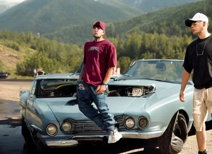 Image similar to a very high resolution image from a new movie, eminem shooting a car. mountains, directed by wes anderson