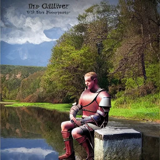 Image similar to knight sat by a river, epic