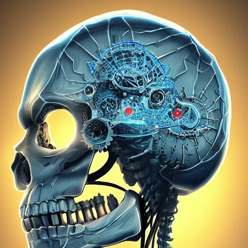 Prompt: hyperdetailed robotic skeleton head with blue human eyes, human eyes, symetry, golden ratio, iconography, intricate, detailed, volumetric lighting, scenery, digital painting, highly detailed, artstation, sharp focus, illustration, artstation, detailed vectorart