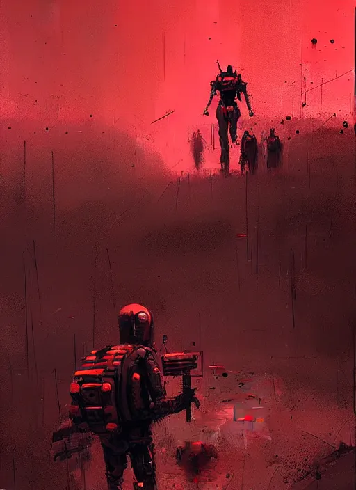 Image similar to horror art, meta - human troopers in a muddy trench, red vortex sky in the background, art by ismail inceoglu