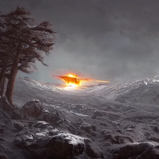 Image similar to an nuclear explosion in blizzardy mountains, Matte painting , detailed painting, greg rutkowski