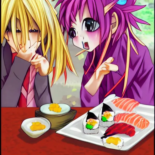 Image similar to jibril eating sushi by yu kamiya, by mashiro hiiragi