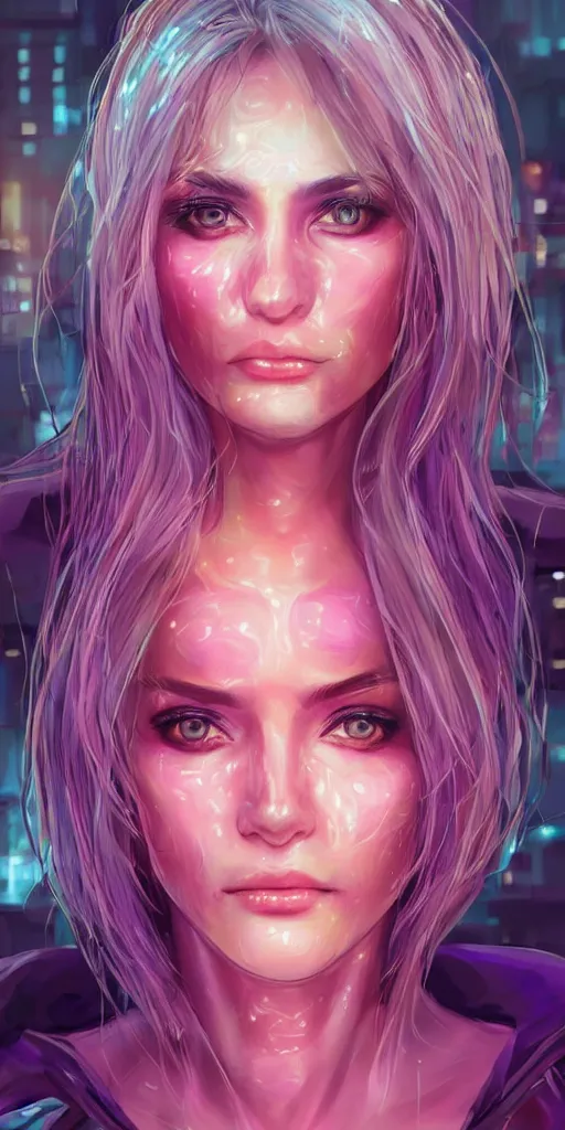 Image similar to A beautiful and detailed portrait of a middle-aged beautiful girl that has bright implants on her face and an angry-desperate look on her eyes. Red eyes trail, bokeh cyberpunk city background, artstation, violet-blue palette, vignette, by artgerm,