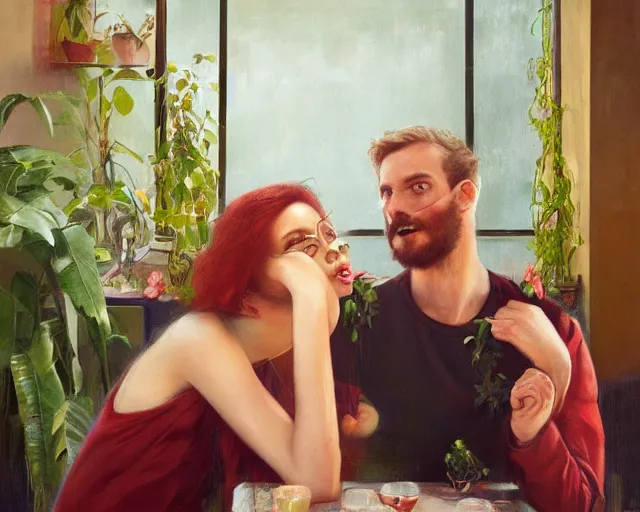 Image similar to an excited couple redefining love in a caffe surrounded by plants, expressionist painting by Francis Bacon, tom bagshaw, mark rothko, artstation