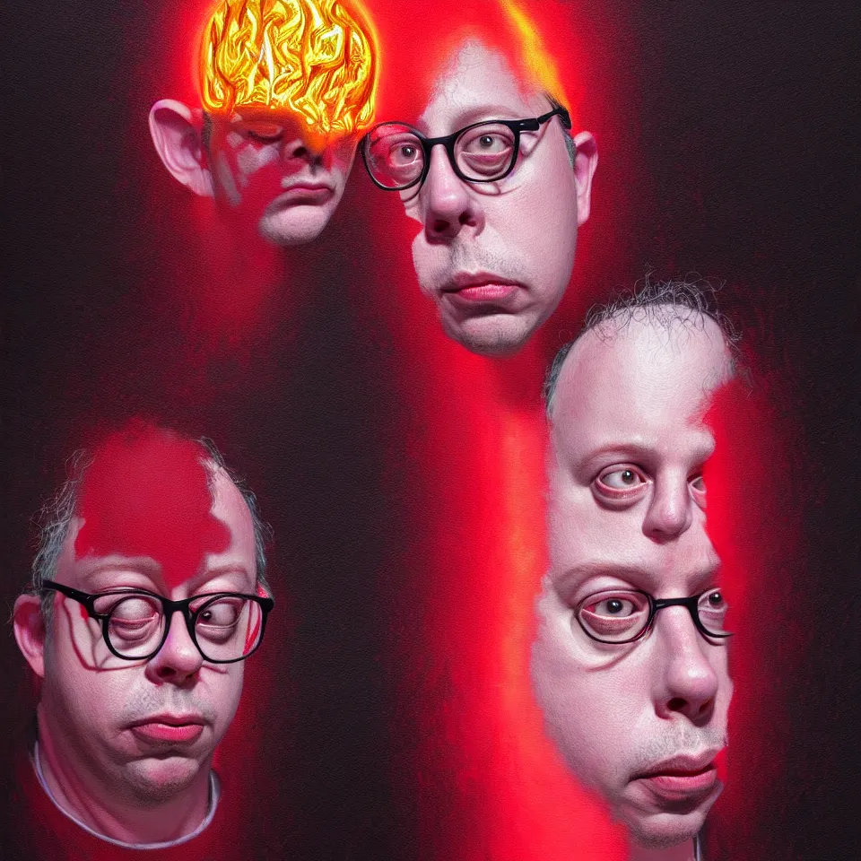 Image similar to bright realistic todd solondz turning into god and satan, diffuse lighting, fantasy, intricate, elegant, highly detailed, lifelike, photorealistic, digital painting, artstation, illustration, concept art, smooth, sharp focus, art by francis bacon