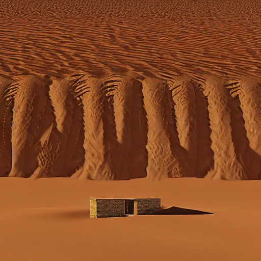 Prompt: desert temple surrounded by large dunes, carving, digital art