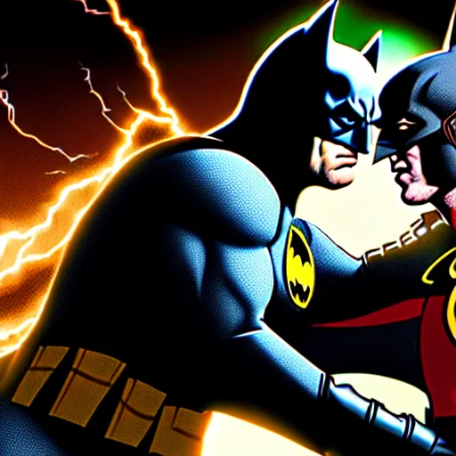 Image similar to ultra detailed picture of a fight where batman is against the flash, extremely detailed, epic, dark, highly realistic, spiritual masterpiece, beautiful, ultra hd