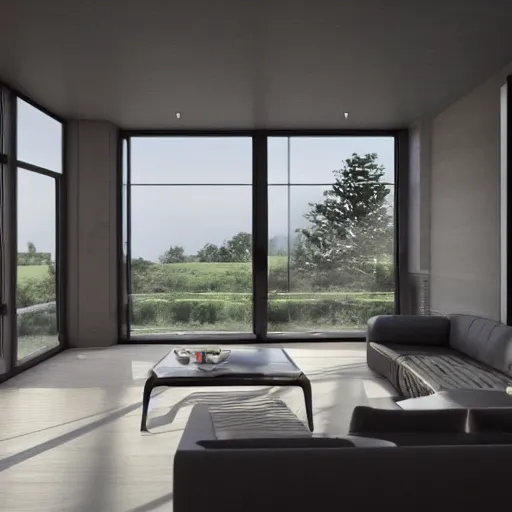 Prompt: an architecture visualisation of a modern living room, wide windows, stunning view