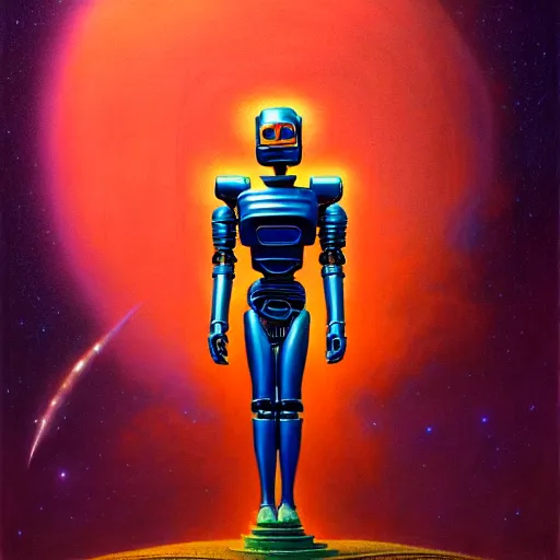 Prompt: cinematic portrait of a cosmic funny robot, only head and chest, intricate, desaturated, Tim Hildebrandt, Wayne Barlowe, Bruce Pennington, donato giancola, larry elmore, maxfield parrish, Moebius, Thomas Ehretsmann, oil on canvas, gouache painting, masterpiece, trending on artstation, cinematic composition, dramatic pose, volumetric lighting, sharp, details, hyper-detailed, HD, 4K, 8K