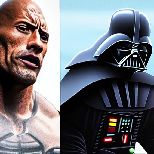 Image similar to 1 0 0 dwayne johnson versus darth vador, realistic, star wars