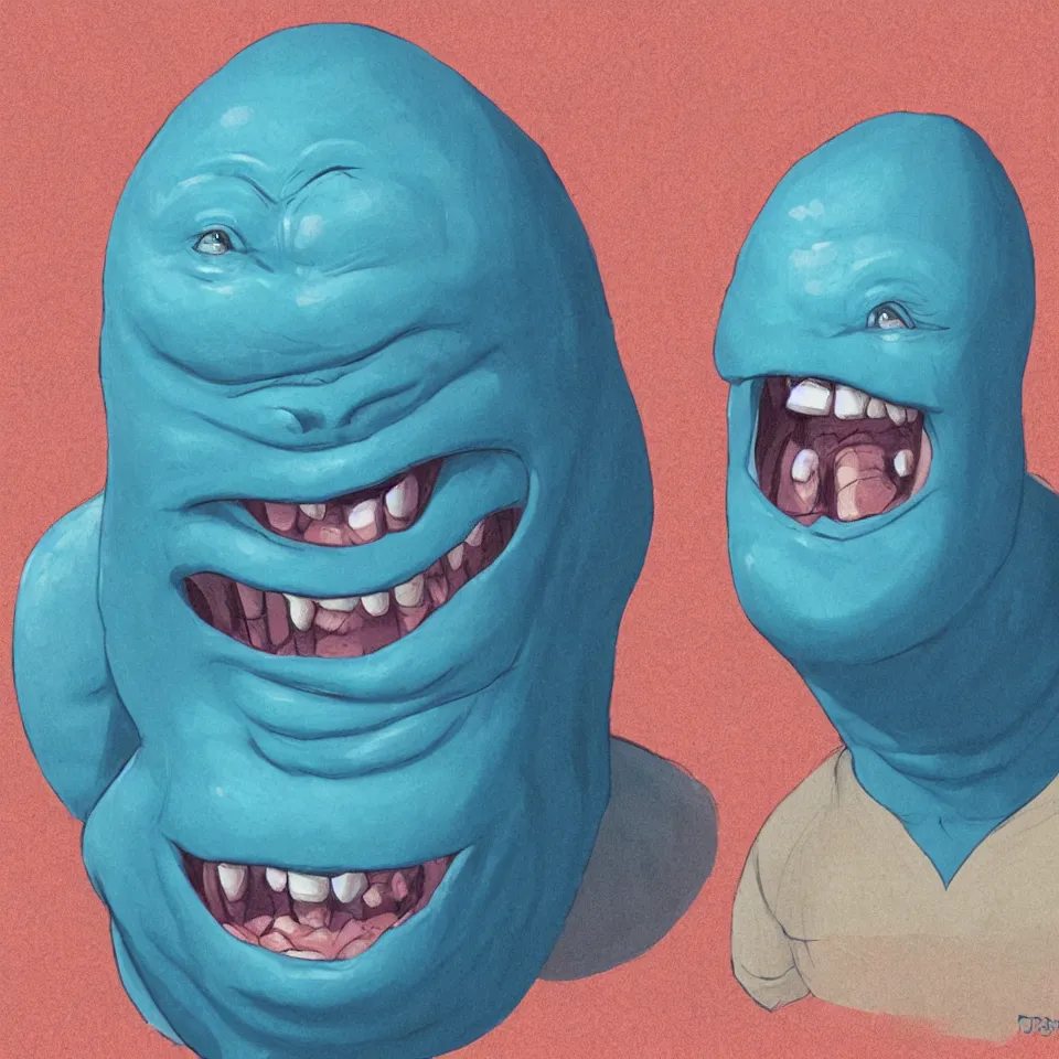 Prompt: portrait of a fat blue alien. big friendly smile. character concept art. science fiction illustration. close up of the face. key panel art graphic novel. detailed face, beautiful colour palette. digital painting.