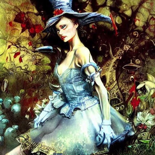 Image similar to alice in wonderland, intricate detail, painting, royo, frazetta, whealan,