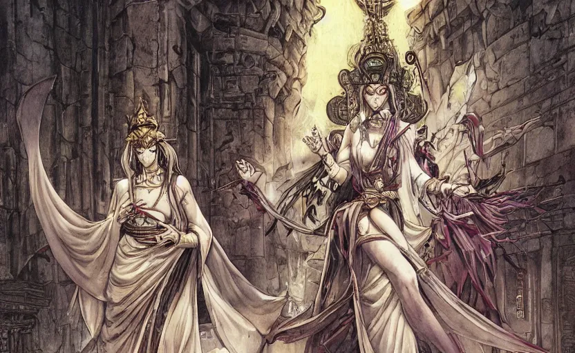 Prompt: A white priestess is conjuring a spell inside the ancient and mythical temple. By Masamune shirow