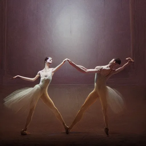 Prompt: two ghosts dance ballet in a victorian era grand ballroom, beksinski, dariusz zawadzki, very coherent symmetrical artwork. cinematic, hyper realism, high detail, octane render, 8 k