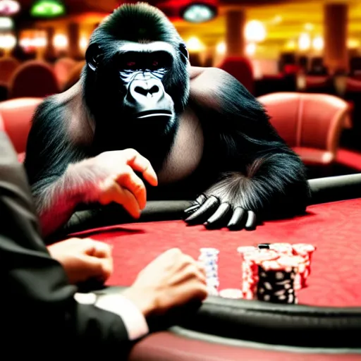 Prompt: a gorilla mobster playing poker at a casino table with other gorilla mobsters